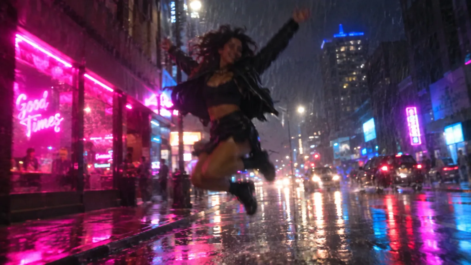 Original: mujer saltando de noche en una calle mojada con lluvia y neones rosas y azules, muy borrosa por el movimiento.