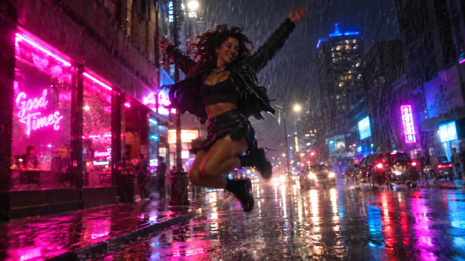 Primera pasada: la misma escena con la protagonista, su sonrisa, su pelo rizado y la lluvia mucho más definidos.