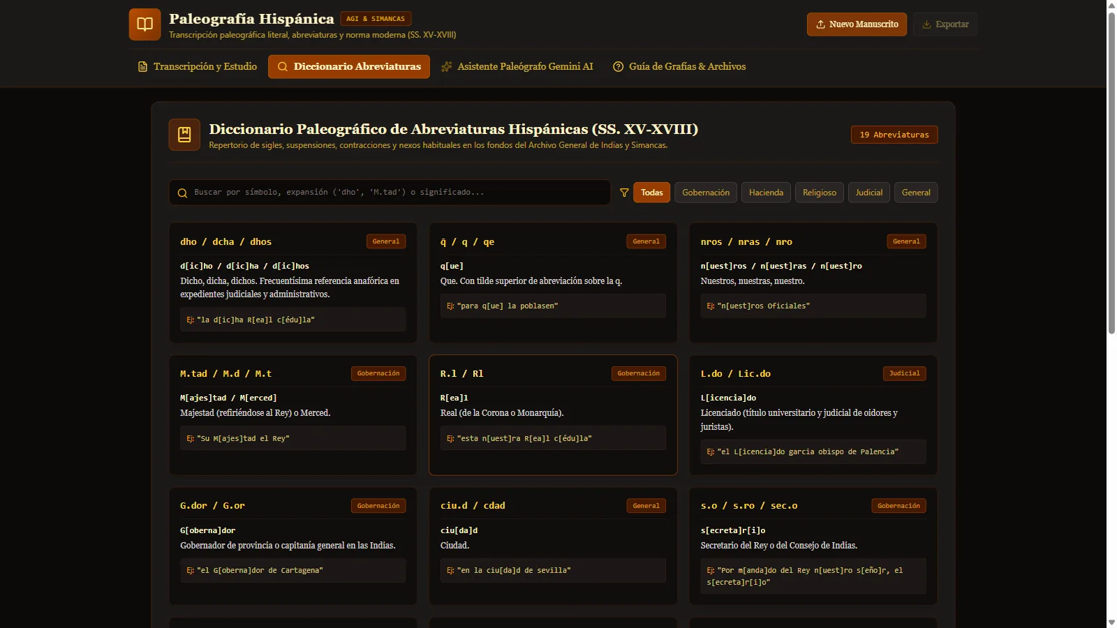 Diccionario Paleográfico de Abreviaturas Hispánicas, con entradas clasificadas por categoría y periodo.