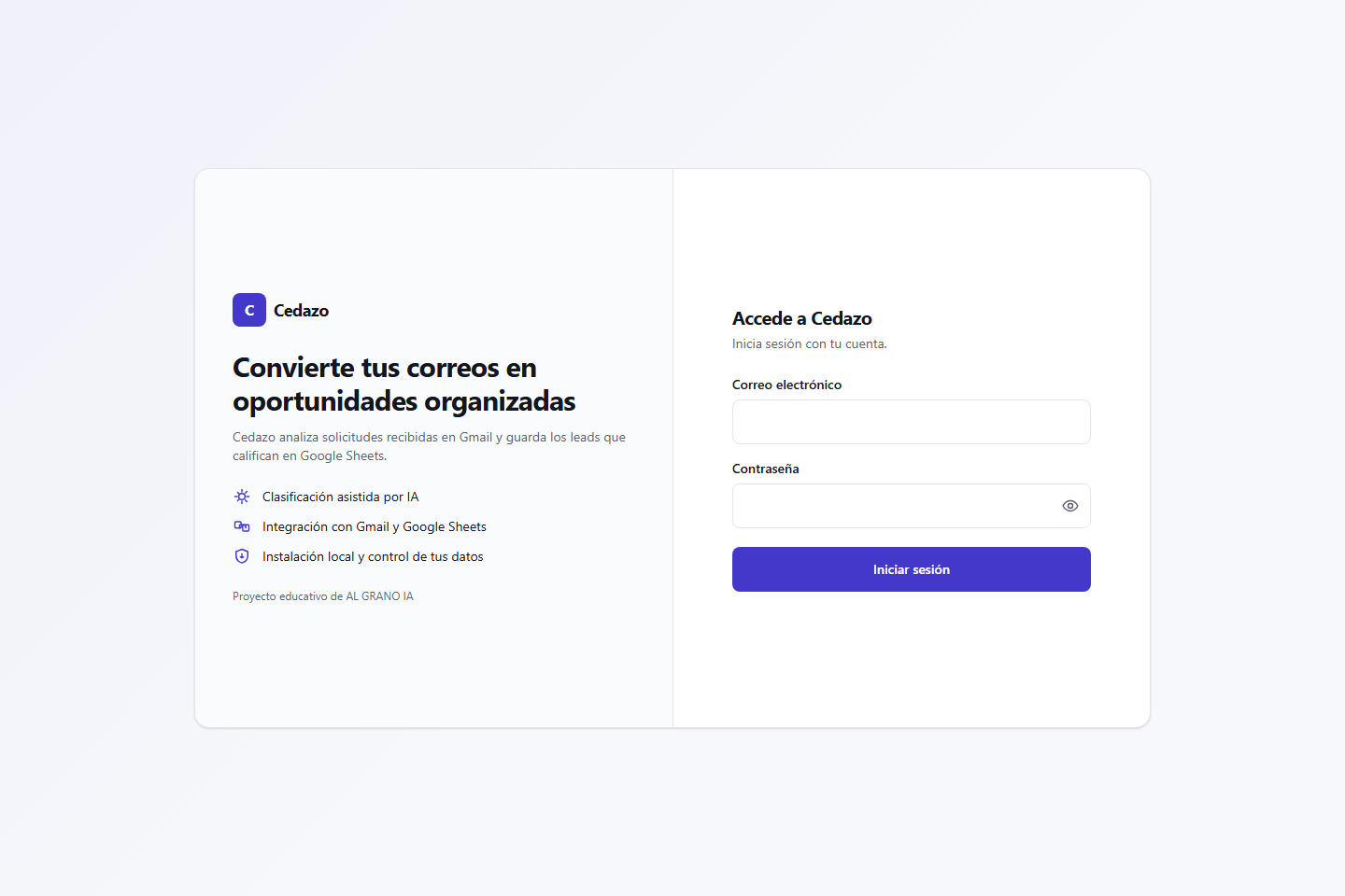 Pantalla de acceso a Cedazo: a la izquierda, el nombre del proyecto y tres características destacadas; a la derecha, un formulario de inicio de sesión con correo y contraseña.