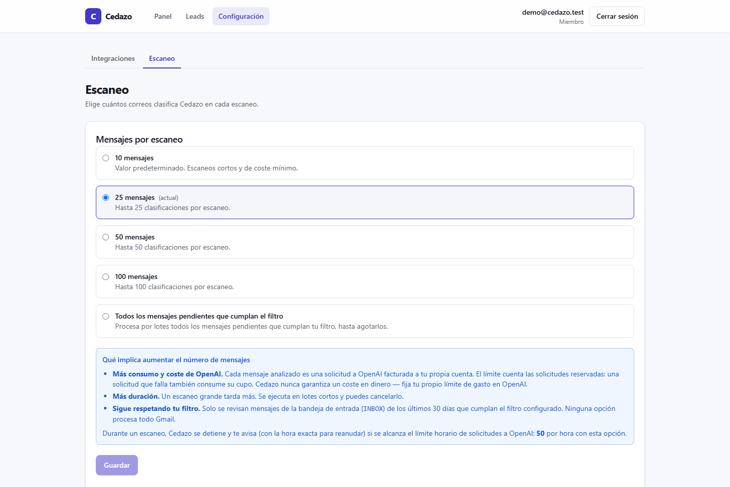 Pantalla de configuración del escaneo de Cedazo, con las opciones de cuántos mensajes clasificar en cada ejecución y una explicación de lo que implica aumentar ese número.