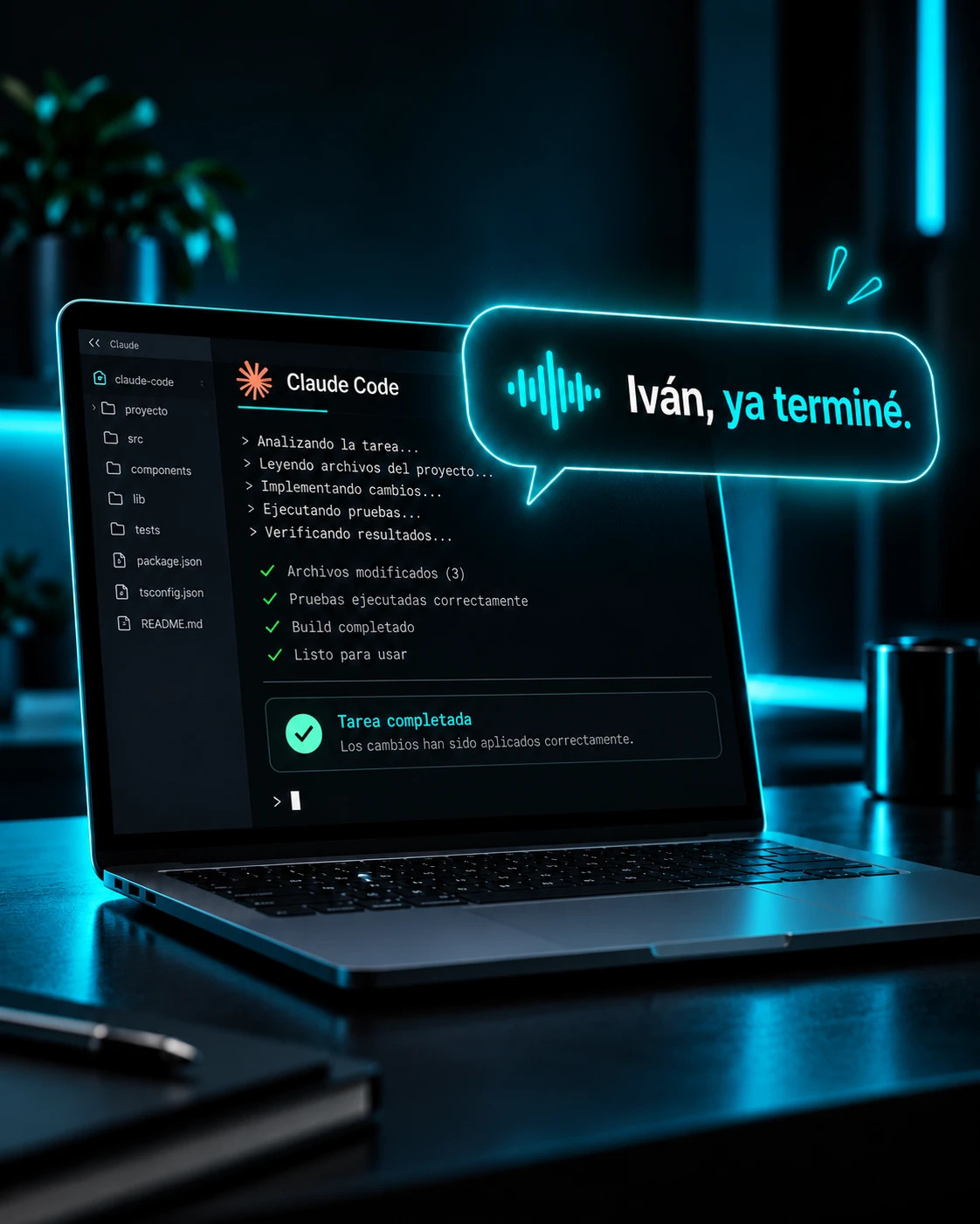 Portada de la guía «Claude Code te avisa cuando termina» de AL GRANO IA: un portátil con Claude Code que acaba de completar una tarea y un bocadillo de voz que dice «Iván, ya terminé.»