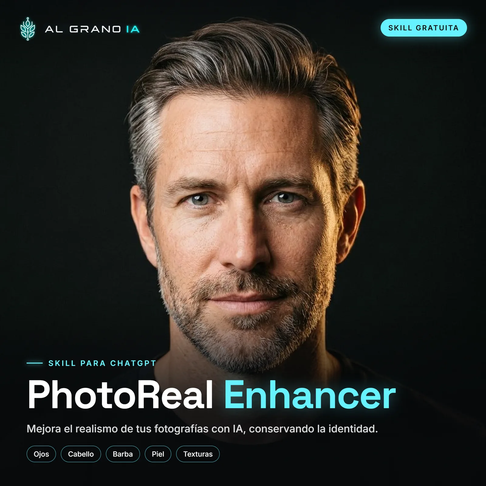 Portada de AL Grano PhotoReal Enhancer: retrato de un hombre de pelo canoso y barba sobre fondo negro, con el título «PhotoReal Enhancer» y las etiquetas ojos, cabello, barba, piel y texturas.